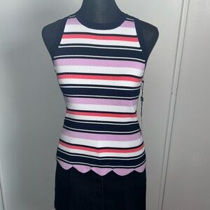 New Women’s Laundry By Shelli Segal Striped Ribbed Knit Scalloped Tank Top